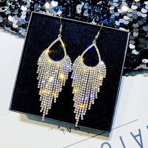 Silver Tone Rhinestone Long Earrings